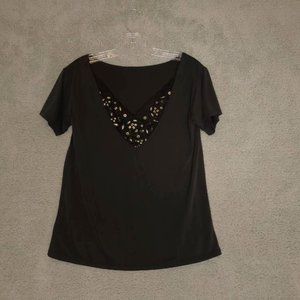 Blue Grey Womens Blouse Gray Short Sleeve V Neck‎ Lace Inset Knit USA S New